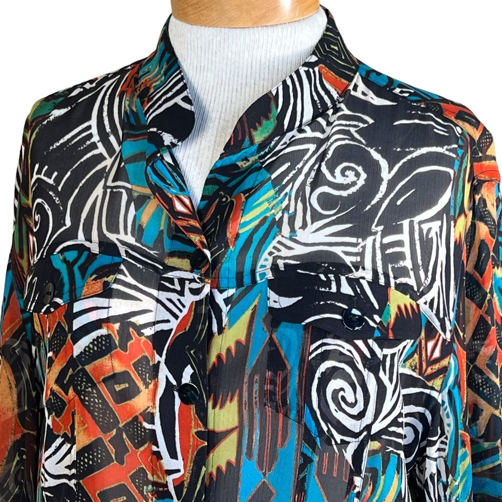 Chico’s Women’s Tailored Silk Sheer Vibrant Blouse Art To Wear Chico’s 2 = L/12 - Picture 11 of 12